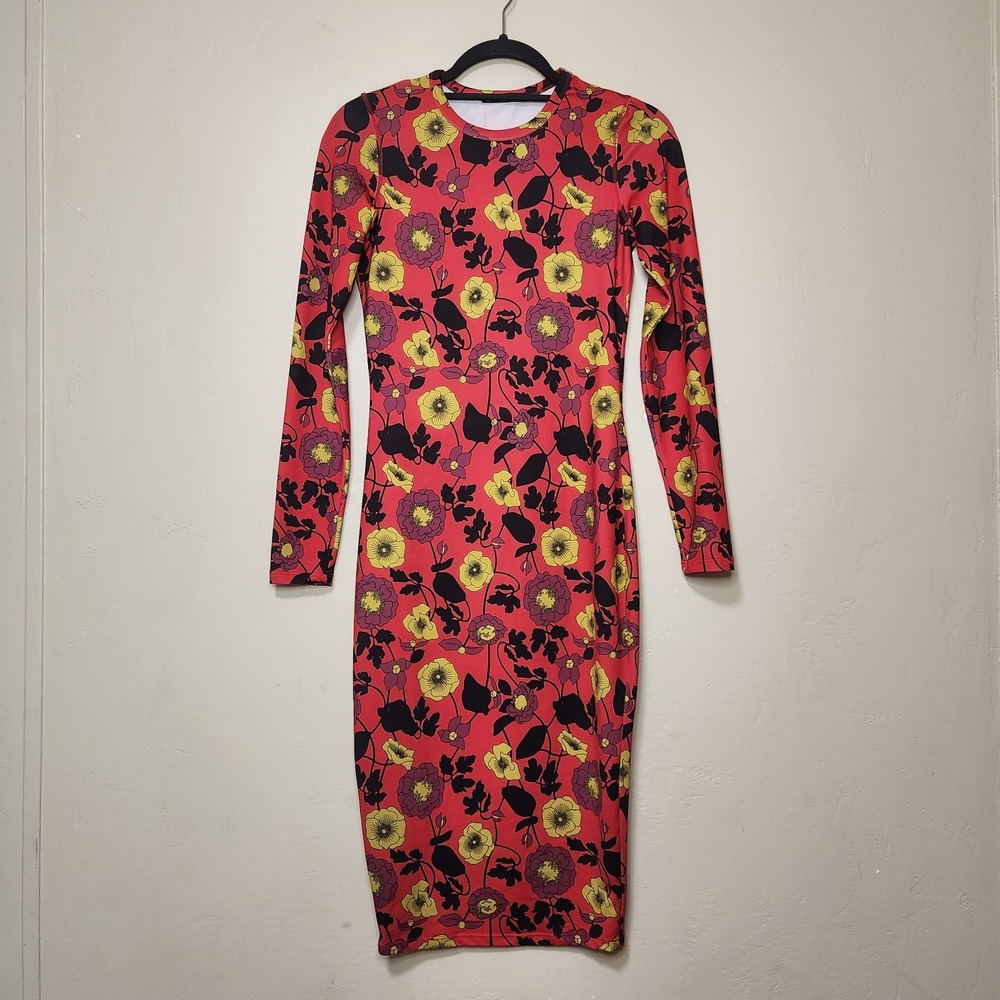 Zara Long Sleeve Bodycon Midi Dress Womens Size Small Floral Pattern